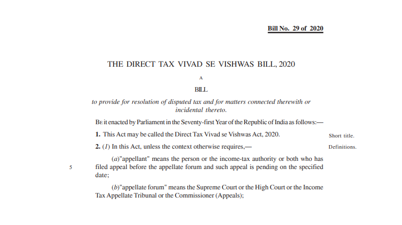 THE DIRECT TAX VIVAD SE VISHWAS BILL, 2020