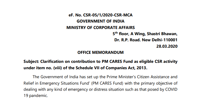 MCA clarified that any contribution made to PM CARES Fund shall qualify as CSR expenditure under the CA, 2013