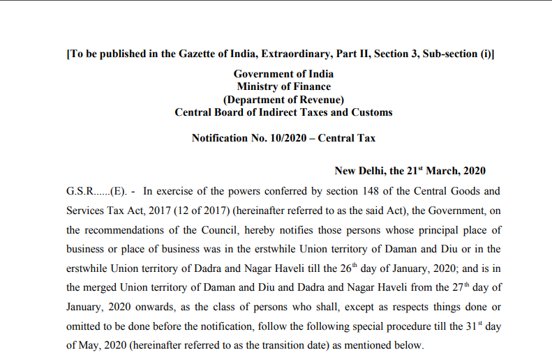 Special procedure for taxpayers in Dadra and Nagar Haveli and Daman and Diu consequent to merger of the two UTs
