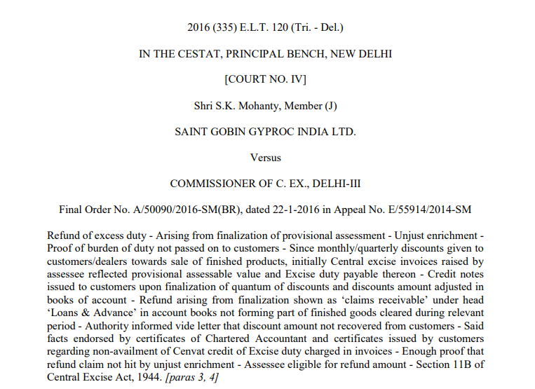 Refund of Excess Duty from the finalisation of provisional assessments