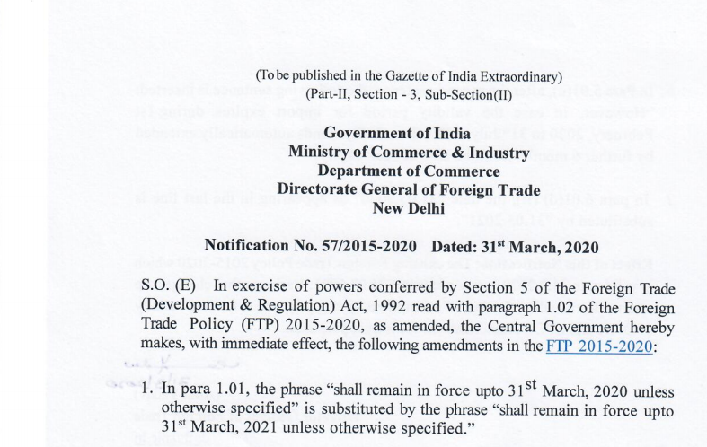 Foreign trade policy 2015-20 extended to 31st March 2021