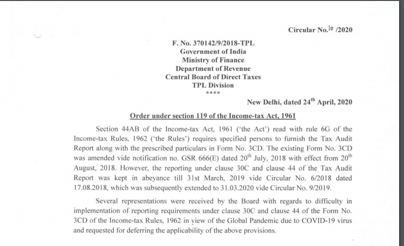 Clause 30C and 44 of Tax Audit Report kept in abeyance for another year.