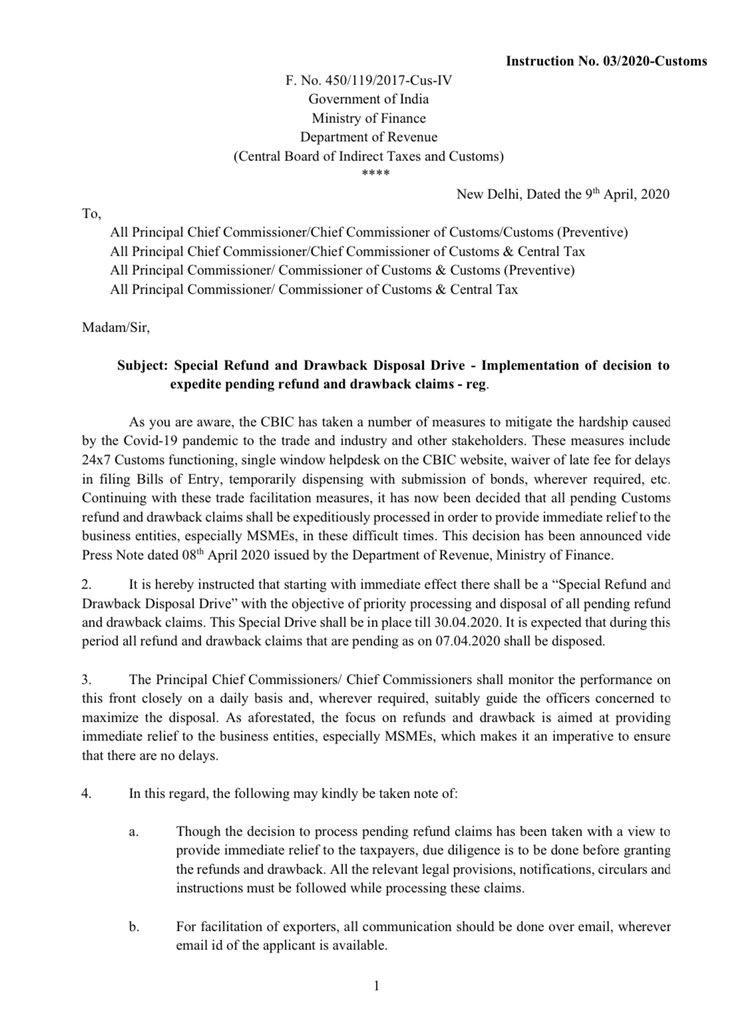 Special Refund and Drawback Disposal Drive - Implementation of the decision to expedite pending refund and drawback claims