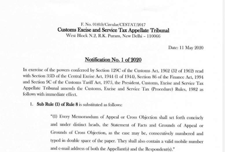 CESTAT Notification, Filing of paper book in 2 pen drives and hearing through video conferencing