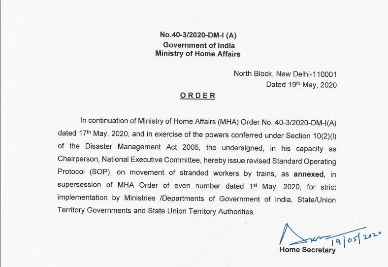 MHA Order Dt. 19.5.2020 Regarding Revised SoPs on Movement of Stranded Workers by Trains