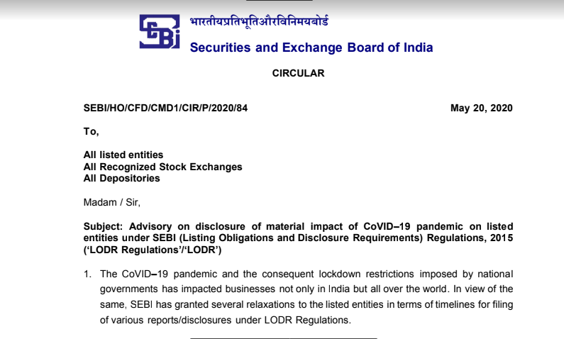  Advisory on Disclosure Under Regulation 30 of SEBI LODR Regulations