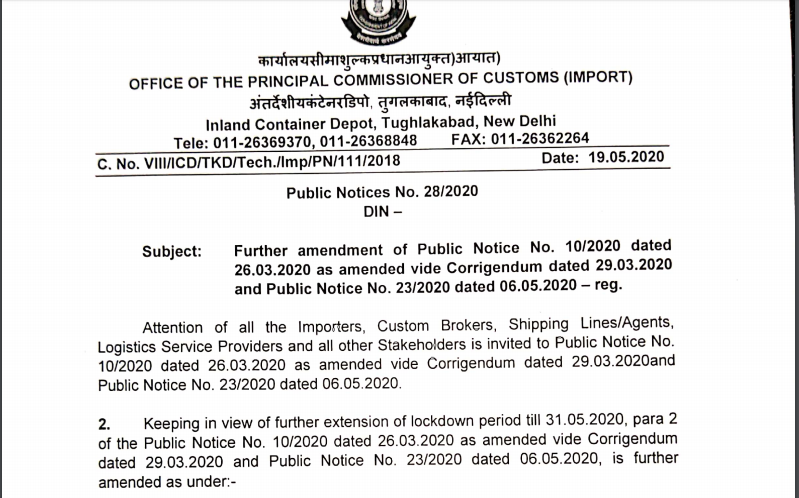 Bill of Entry Late Filing Waiver Extended Till 3-6-2020- Tughlakabad ICD