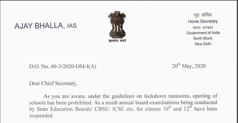 MHA DO Lr. Dt. 20.5.2020 to Chief Secretaries and Administrators reg. exemption for conduct of Board Examinations