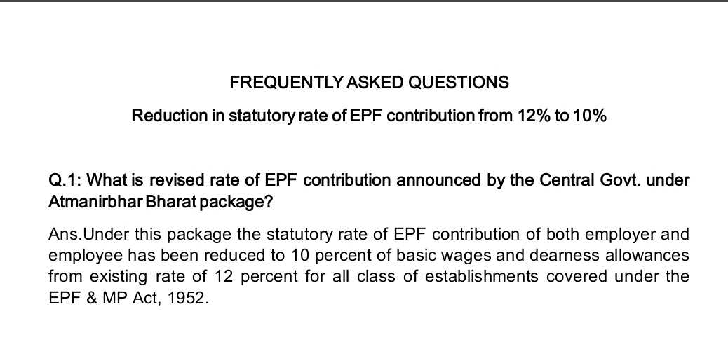 Reduction in Statutory Rate of EPF Contribution from 12% to 10%: FAQs