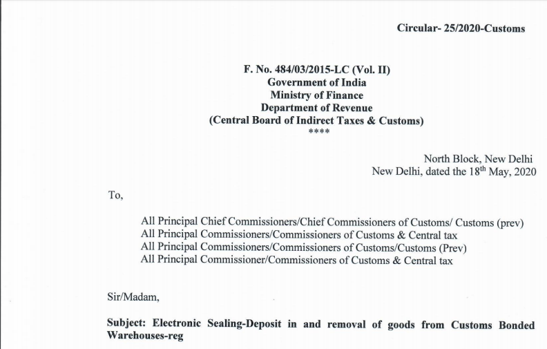 Electronic Sealing- Deposit in and Removal of Goods from Customs Bonded Warehouses