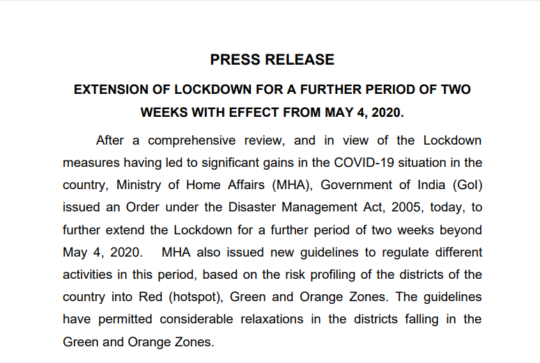 Press Release on extension of Lockdown and issue of new guidelines