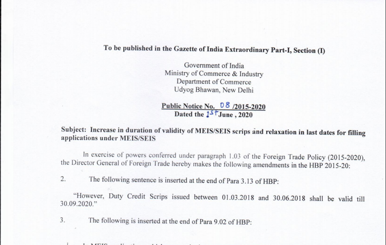 Increase in duration of validity of MEIS/SEIS scrips and relaxation in last dates for filing applications under MEIS/SEIS