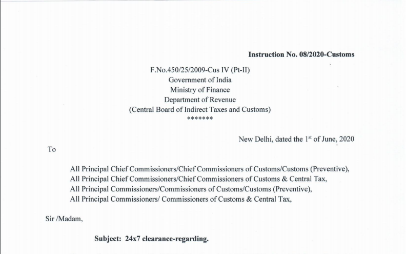 CBIC Directed to Introduce 24x7 Customs Clearance at all the Customs Formations