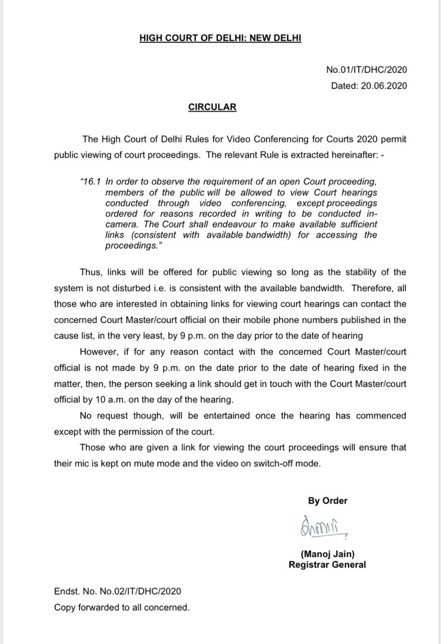 Delhi HC Rules for Video Conferencing for Courts 2020 Permit Public Viewing of Court Proceedings