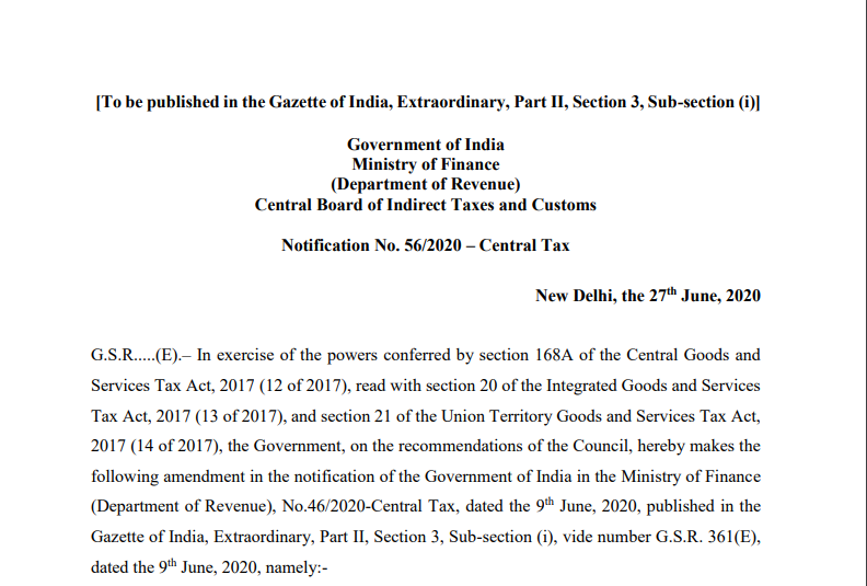 Notification No. 56/2020 – Central Tax