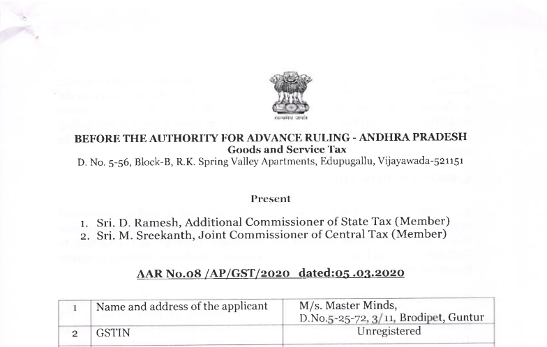 Andhra Pradesh AAR in the case of M/s. Master Minds