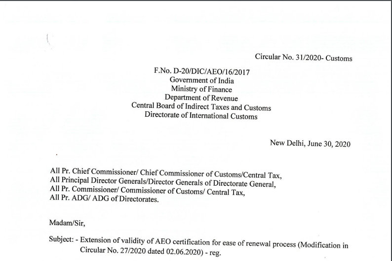 Extension of Validity of AEO Certificate - Circular No. 31/2020-Customs