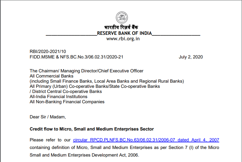 RBI Advised Banks to Reclassify MSME as Per New Definition
