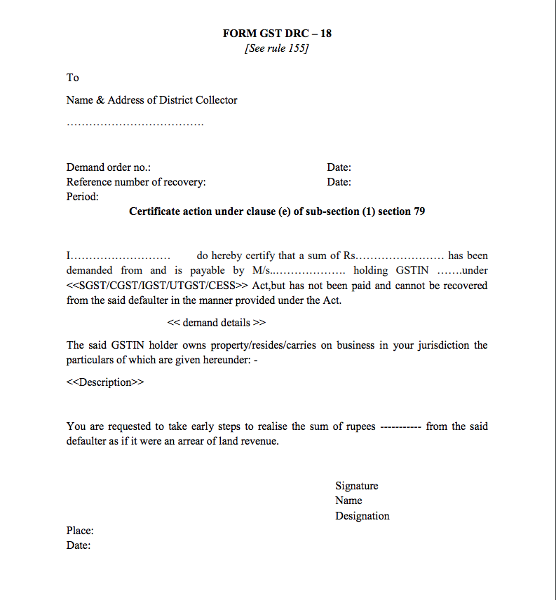 Rule 155 of the CGST Act format of DRC 18