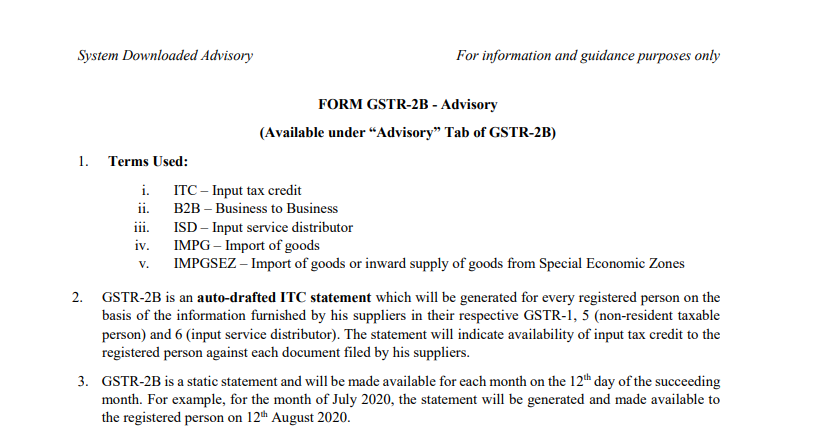 FORM GSTR-2B - Advisory