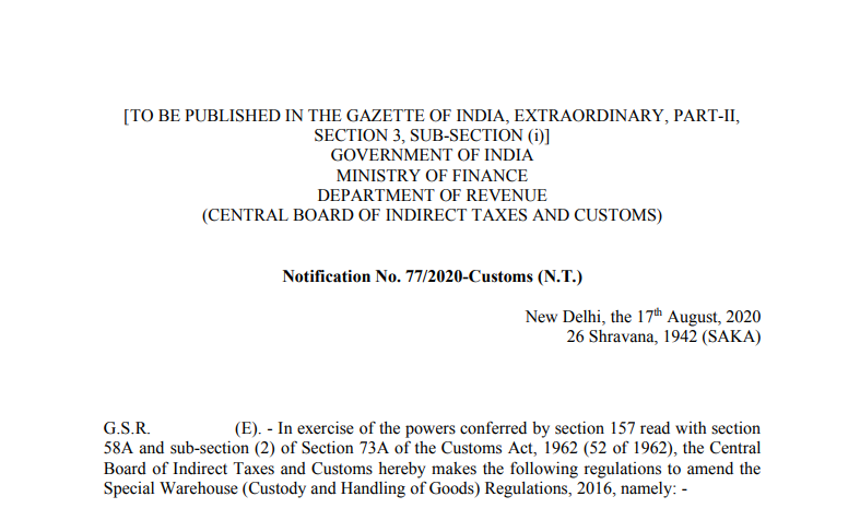 Notification No. 77/2020-Customs (N.T.)
