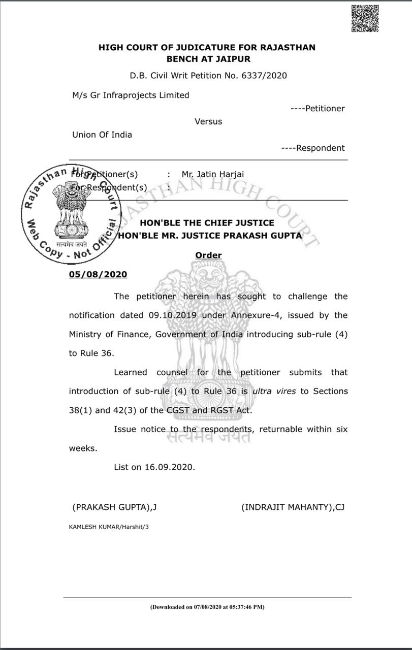 Rajasthan HC in the case of M/s Gr Infraprojects Limited