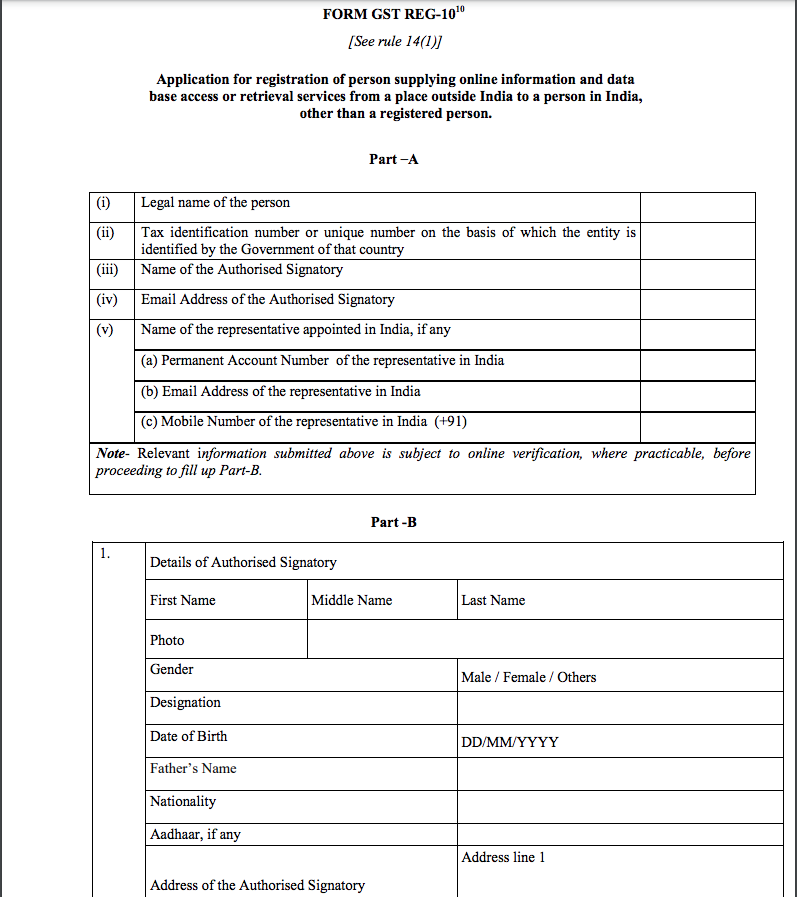 Selling online to Indian users OIDAR services registration form 