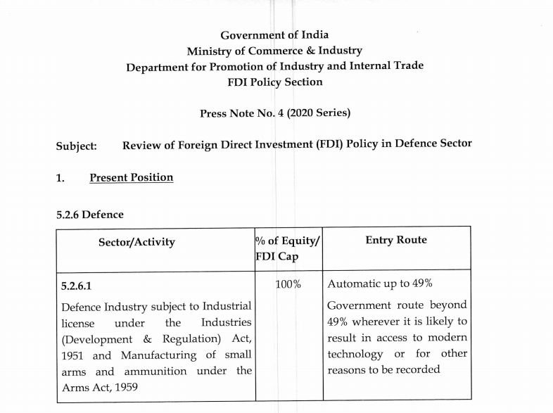 Review of Foreign Direct Investment (FDI) Policy in the Defence Sector.