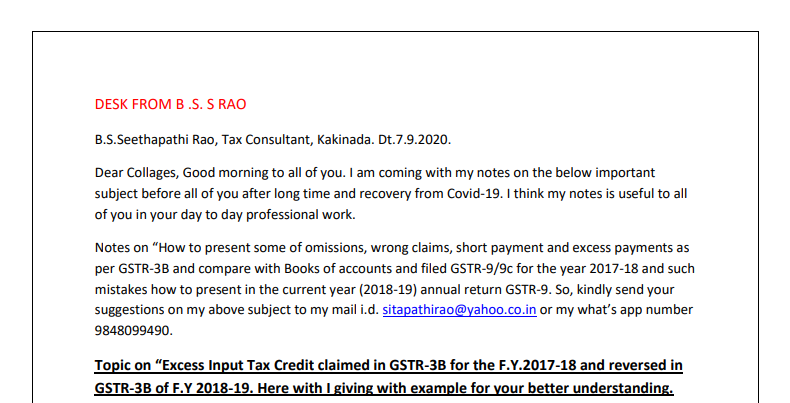 Excess Input Tax Credit claimed in GSTR-3B for the F.Y.2017-18 and reversed in GSTR-3B of F.Y 2018-19