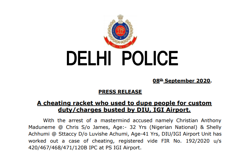 A cheating racket who used to dupe people for custom duty/charges busted by DIU, IGI Airport.