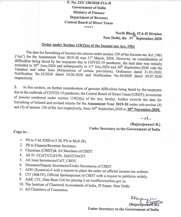 Due date for the filing of ITR for FY 1819 extended