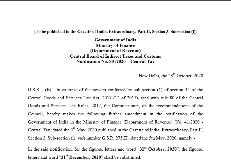 Notification No. 80 /2020 – Central Tax. 