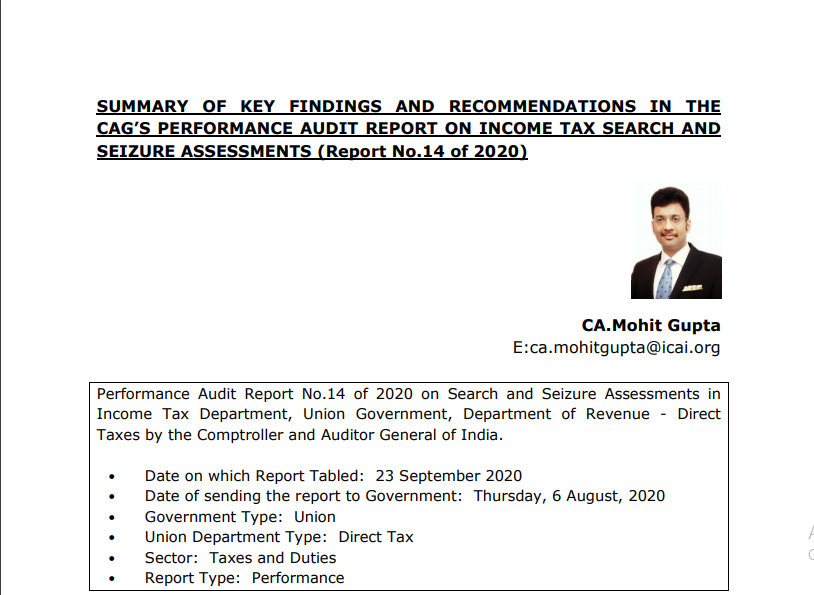 Summary of Key Findings And Recommendations In The CAG’s Performance Audit Report On Income Tax Search And Seizure Assessments (Report No.14 of 2020)