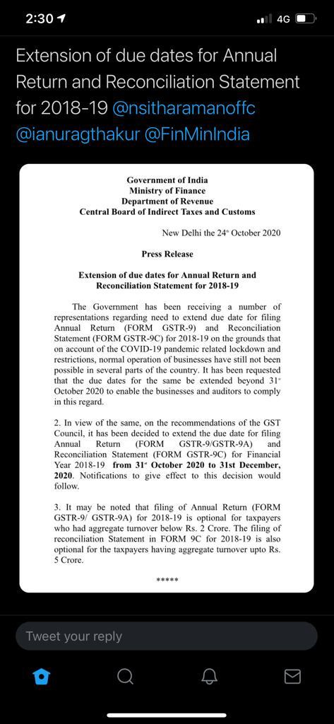 Due Date of GSTR 9 and 9C Extended