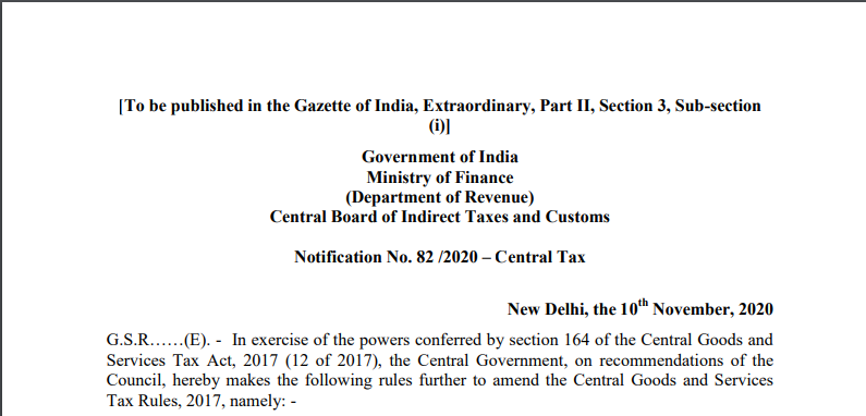 Notification No. 82 /2020 – Central Tax