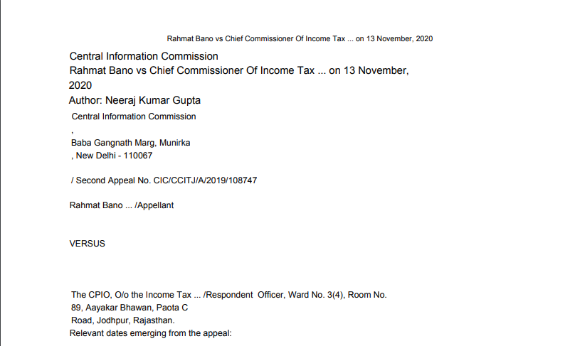 CIC in the case of Rahmat Bano Versus The CPIO, O/o the Income Tax Officer