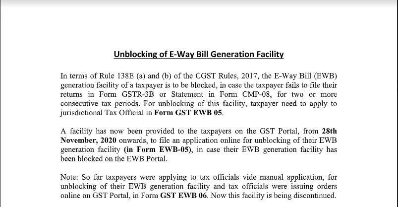 Unblocking of E-Way Bill Generation Facility