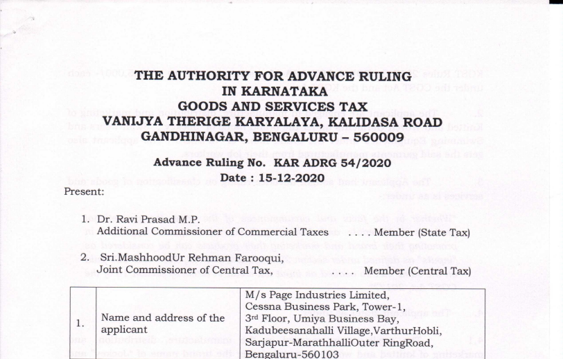Karnataka AAR in the case of M/s. Page Industries Limited.