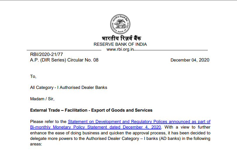 External Trade – Facilitation - Export of Goods and Services
