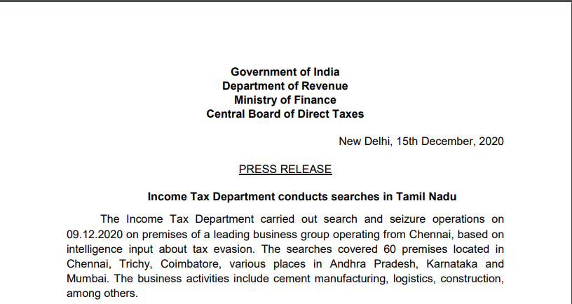 Income Tax Department conducts searches in Tamil Nadu