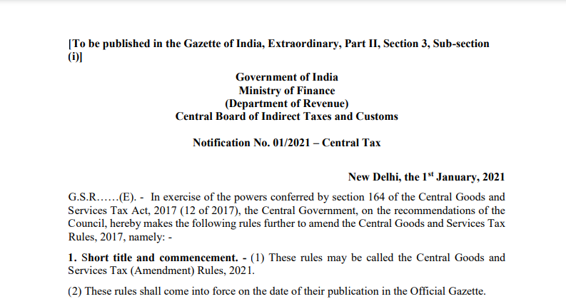 Notification No. 01/2021 – Central Tax
