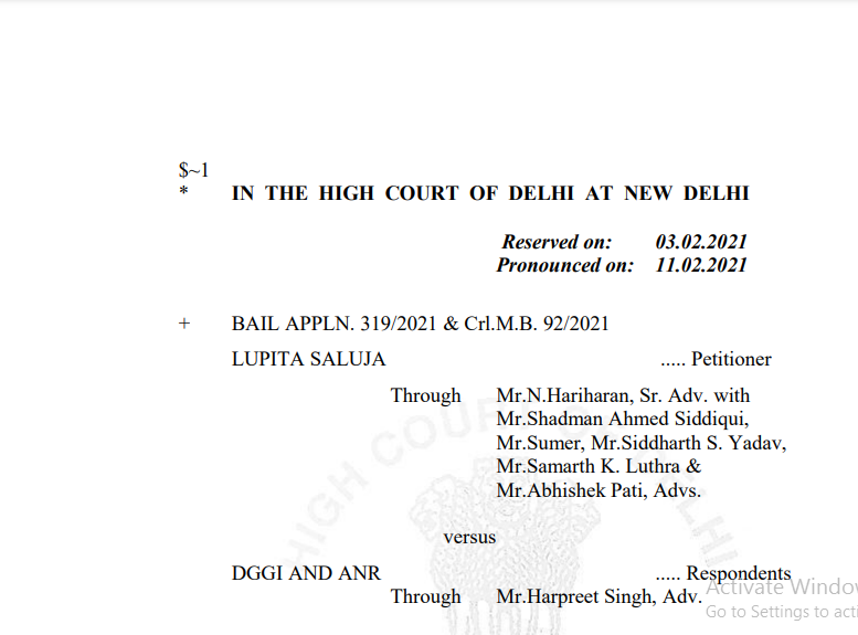 Delhi HC in the case of Lupita Saluja Versus DGGI