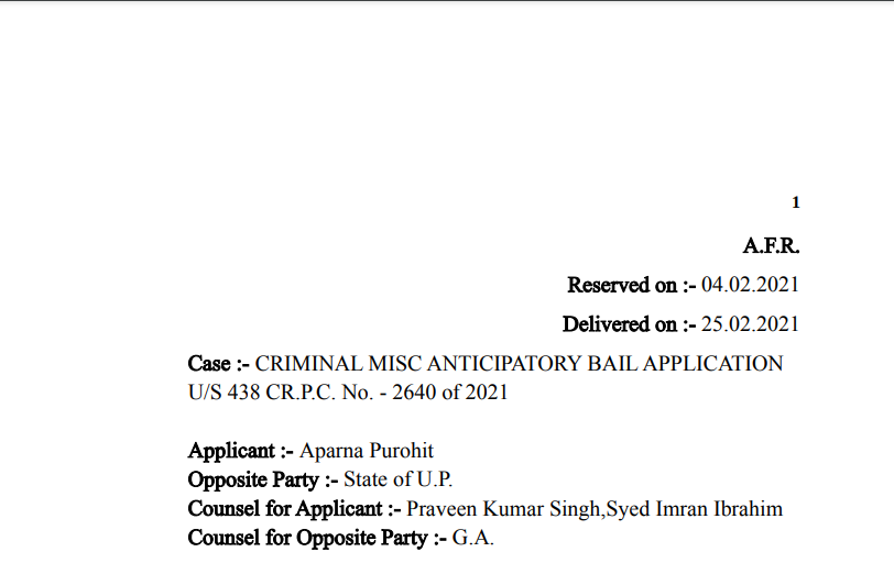 Allahabad HC in the case of Aparna Purohit Versus The state of U.P.