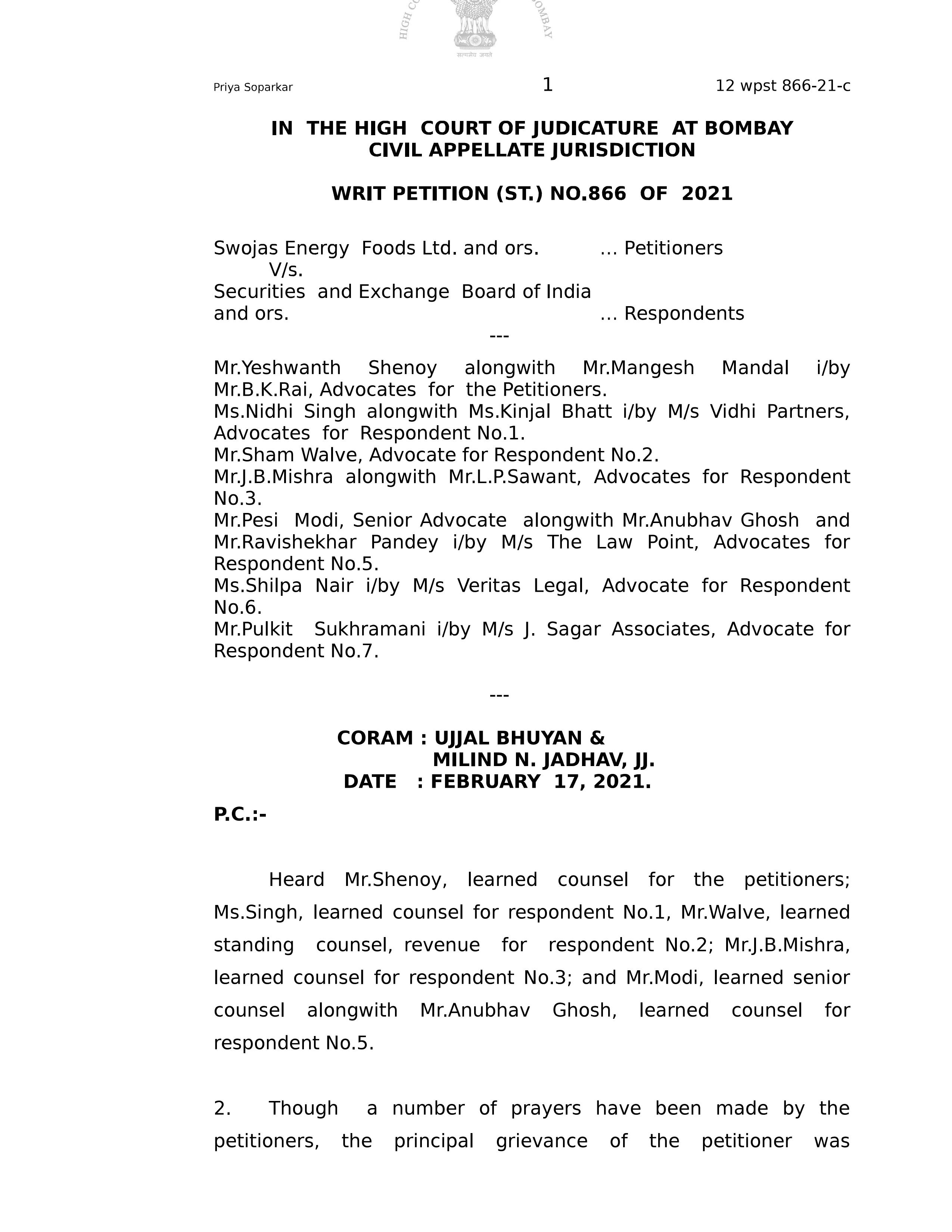 Swojas Energy Foods Ltd vs SEBI