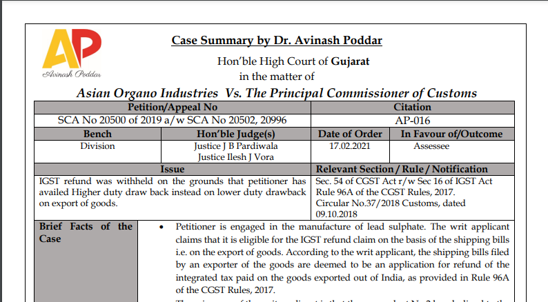 Gujarat HC in the case of Asian Organo Industries Versus The Principal Commissioner of Customs