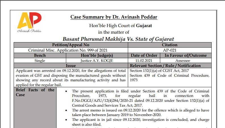 Gujarat HC in the case of Basant Pherumal Makhija Versus State of Gujarat