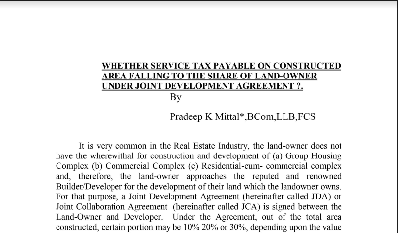 Whether Service Tax Payable On Constructed Area Falling To The Share of Land-Owner Under Joint Development Agreement?