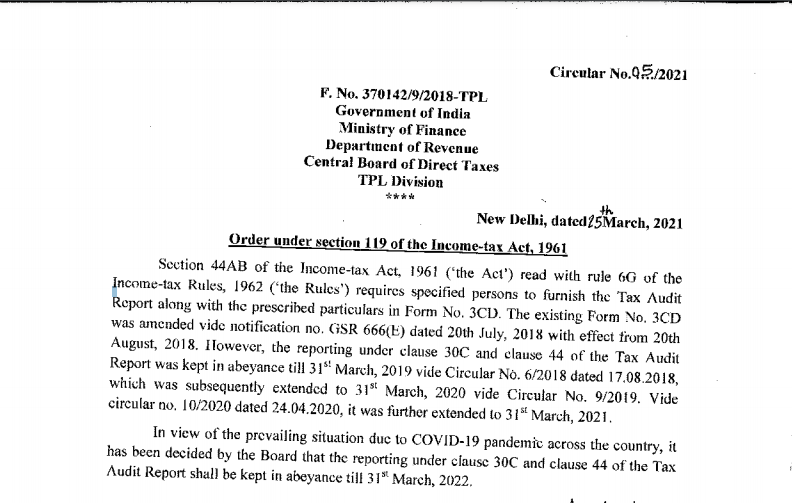 Clause 30C & 44 of Tax Audit Has Been Further Kept at Abeyance till 31.03.2022.