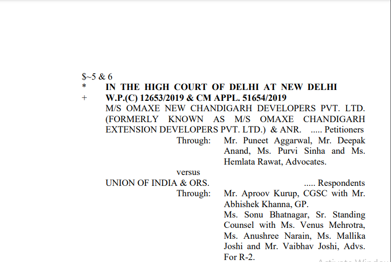 Delhi HC Order in the case of M/s Omaxe New Chandigarh Developers Pvt. Ltd V/s. UOI.