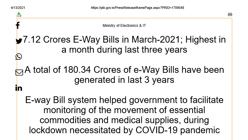 7.12 Crores E-Way Bills in March-2021; Highest in a month during last three years. 